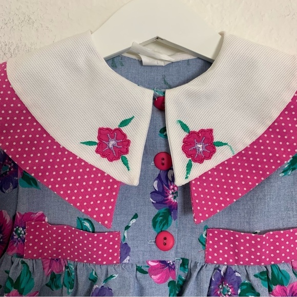 Vintage Toddler Girl Floral Polka Dot Dress 3T Big Collar Chambray 80s Cute Pink - Picture 7 of 14